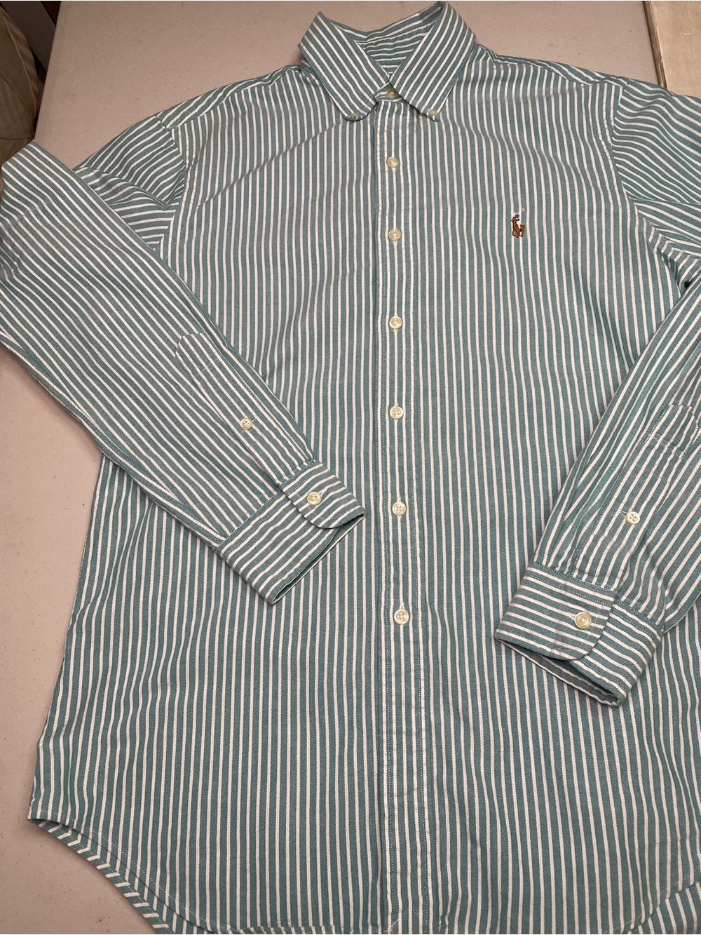 Ralph Lauren Green and White Striped Button-Down Shirt